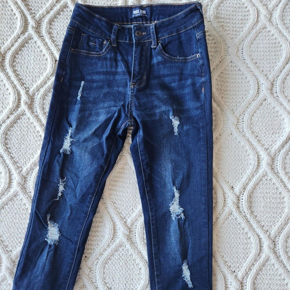 Dark Wash Wax Distressed Skinny Jeans Size 1/25 - Picture 2 of 4